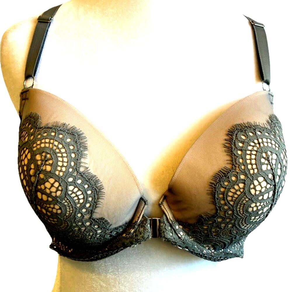 victoria secret bra 36DD Dream Angels Gray Lace Front Close Razor Back push up